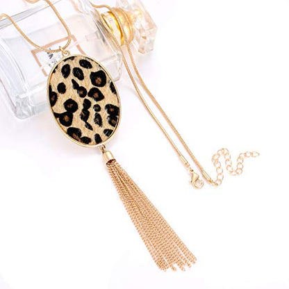 MOLOCH Long Necklaces For Woman Disk Circle Pendant Necklaces Tassel Fringe Necklace Set Statement Pendant - color: oval--gold-light leopard