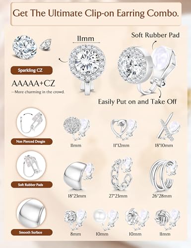 11 Pairs Clip on Earrings for Women 14K Gold Plated Clip Earring | Hypoallergenic Earrings for Non Pierced Ears, Chunky Cubic Zirconia Pearl Knot Flower Fake Ear Clips Set Jewelry - color: Silver Plated