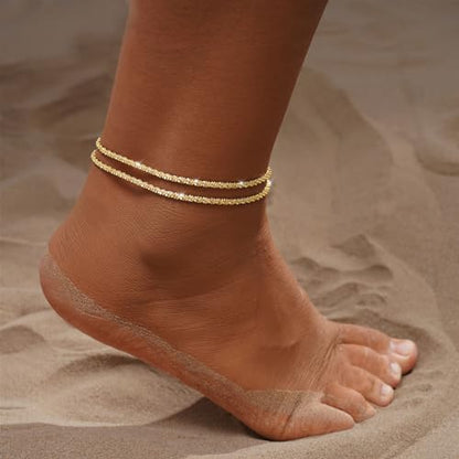 Gold/Silver Ankle Bracelets for Women,14K Gold Anklets for Women Waterproof Sparkly Chain Rhinestone Anklets Set Stackable Layered Anklet Bracelets for Women Beach Gold Jewelry Gift - style: Sparkly GD