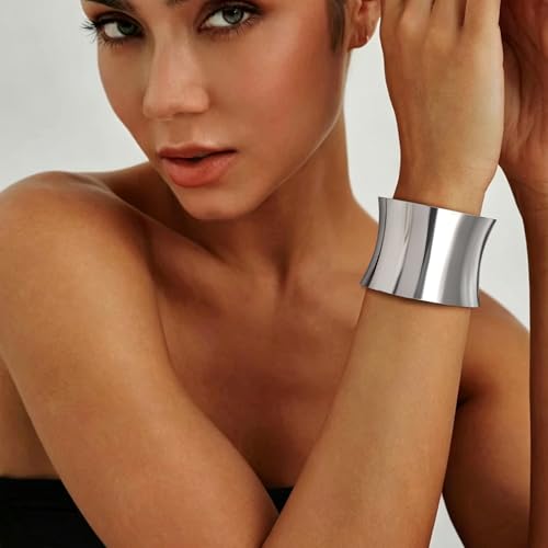 4Pcs Chunky Gold Cuff Bracelects for Women Gold Bangles Irregular Minimalist Statement Bangle Bracelets Set Open Wide Bangle Upper Arm Cuff Jewelry - color: Silver-D