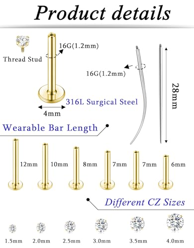 6Pairs 18K Gold Plated Internally Threaded Nose Piercing Studs Stainless Steel Lip Studs CZ Flat Back Stud Earrings Nostril Labret Conch Cartilage Earrings Helix Tragus 6/7/7/8/10/12mm 16G 18G - color: Gold, size: 16G
