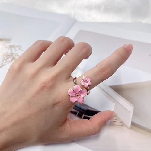 NewZenro Elegant Flower Enamel Adjustable Open Ring for Women Gold-Tone Plated Chic Cherry Blossoms Floral Statement Finger Wrap Band Rings Comfort Fit Wedding Party Prom Fashion Jewelry - color: Pink