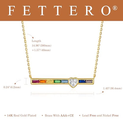 Fettero Dainty 14K Gold Plated Cubic Zirconia Necklaces for Women, Simple Bar Pendant Necklace, Mix-color Rainbow Jewelry Gold Necklace for Women Trendy Gifts - style: Rainbow Heart