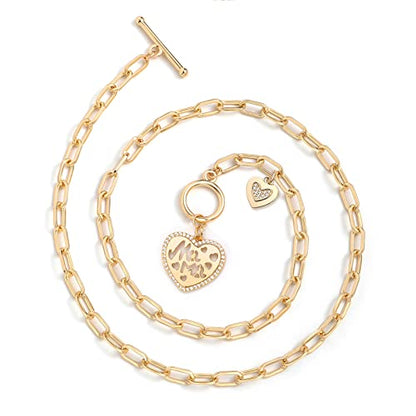 DoreenBeads 18K Gold Sun Moon Star Compass Pendant Necklace | Chunky Toggle Paperclip Chain Necklace with Heart Daisy Bee Charms for Women Girls 20 Inches - color: Love Heart Duo