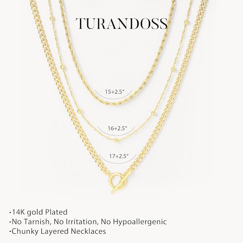Turandoss Layered Necklaces for Women, 14K Gold Plated Chain Necklace Stack | Non Tarnish Gold Necklaces for Women, Toggle Clasp Herringbone Rope Satellite Cuban Link Chain Necklace, Trendy Jewelry Gifts - color: " rope+satellite+toggle-G
