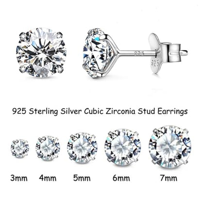 925 Sterling Silver Earrings, Cubic Zirconia Stud Earrings, Diamond Stud Earrings for Women - color: Silver-3mm,4mm,5mm,6mm,7mm