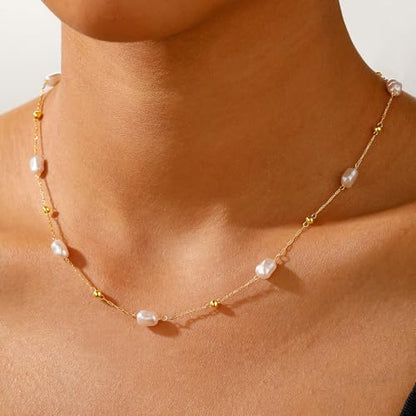 Ritach Pearl Necklaces for Women - Real Gold Plated Dainty Pearl Necklace Daisy Round Drop Pearl Choker Necklace Layered Gold Necklace for Women Teen Girls Bridesmaid Wedding Birthday Gifts - style: Gold-Bead Pearl Station