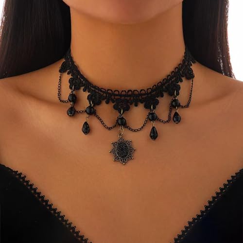 Wide Black Lace Choker Necklace Gothic Lace Pearl Tassel Necklace Short Hollow Flower Tattoo Necklaces Waterdrop Rhinestone Necklaces Halloween Wedding Party Jewelry - style: Style2