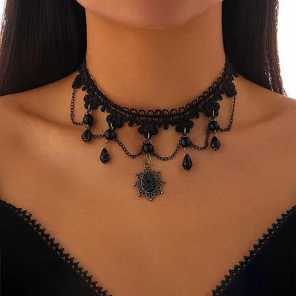 Wide Black Lace Choker Necklace Gothic Lace Pearl Tassel Necklace Short Hollow Flower Tattoo Necklaces Waterdrop Rhinestone Necklaces Halloween Wedding Party Jewelry - style: Style2