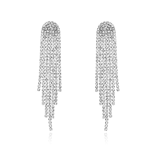 HERIER Rhinestone Earrings Dangling for Women Chandelier Statement Tassel Earrings Girls Silver Sparkly Drop Cubic Zirconia Crystal Earrings Long Dangle Costume Jewelry - color: Silver-Round Tassel