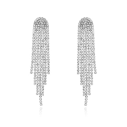HERIER Rhinestone Earrings Dangling for Women Chandelier Statement Tassel Earrings Girls Silver Sparkly Drop Cubic Zirconia Crystal Earrings Long Dangle Costume Jewelry - color: Silver-Round Tassel