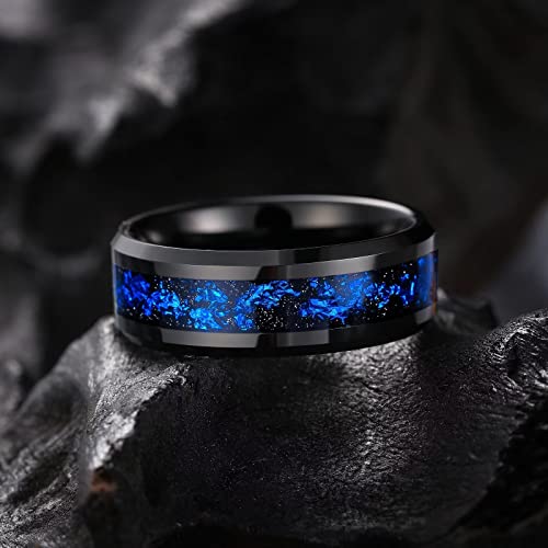 King Will Mens Wedding Band with Foils Inlay, Black/Silver/Gold Beveled Edge Glowstone Ring, 6mm/8mm Tungsten Carbide Rings Comfort Fit - color: Black&Blue-8mm