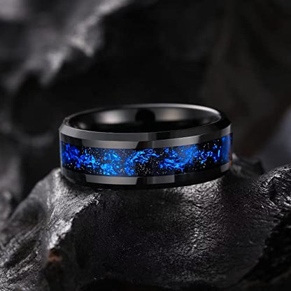 King Will Mens Wedding Band with Foils Inlay, Black/Silver/Gold Beveled Edge Glowstone Ring, 6mm/8mm Tungsten Carbide Rings Comfort Fit - color: Black&Blue-8mm