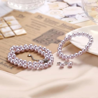 8mm Faux Pearl Necklace Set, Bracelet Earrings for Women & Girls | Glass Material, Handmade Jewelry Detail, Party & Formal Event Style - style: Purple 18 inches