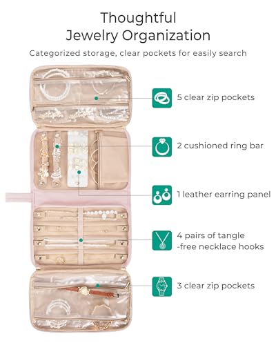 Marscamd Travel Jewelry Case Organizer, Foldable Jewelry Bag, Pink | with Zipper Jewelry Bag for Earrings, Rings, Necklaces, Bracelets, Brooches - color: Pink