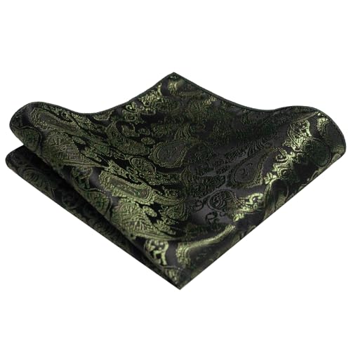 JEMYGINS Mens Solid Color Paisley Necktie and Pocket Square with Tie Clip Sets - color: Olive Green