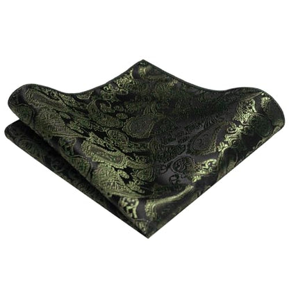 JEMYGINS Mens Solid Color Paisley Necktie and Pocket Square with Tie Clip Sets - color: Olive Green