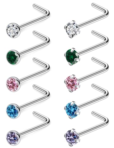 ASTM F136 Titanium Nose Rings 18G 20G 22G Jeweled Mix Color CZ Nose Studs Ring Screw L-Shaped Bone Hypoallergenic Nostril Body Piercing Jewelry for Women 1.5mm 2mm 2.5mm 3mm 10PCS - style: L-Shaped:20G(0.8mm)-1.5mm CZ