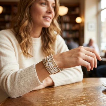 Leather Wrap Bracelets for Women Boho Layered Cuff Bracelets Bling Bohemian Jewelry - color: Gold White