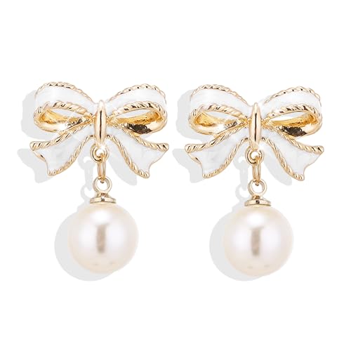 Pearl Bow Earrings for Women Coquette Aesthetic Jewelry Rhinestone Bow Earrings for Bridesmaids Wedding Party Accessories Bridal Costume Accents Bowknot Themed Gifts - color: B4: White Bow Pearl Earrings