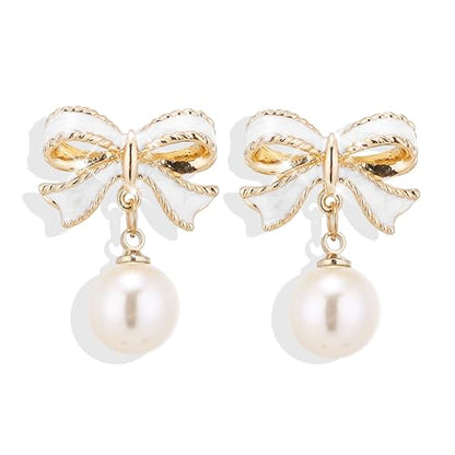 Pearl Bow Earrings for Women Coquette Aesthetic Jewelry Rhinestone Bow Earrings for Bridesmaids Wedding Party Accessories Bridal Costume Accents Bowknot Themed Gifts - color: B4: White Bow Pearl Earrings