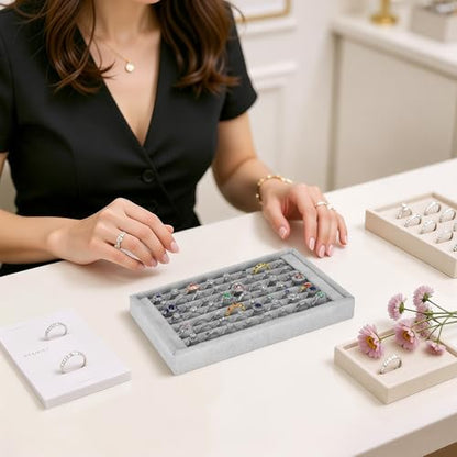 KUKUVR Ring Holder Display Tray, 7 Slot Velvet Jewelry Organizer (Grey) | For Rings Earrings, Drawer Insert, Storage Case, For Selling Show Vender Home
