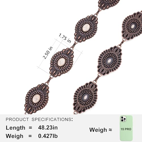 Montana West Rustic Couture's Turquoise Western Concho Chain Belt for Women | Large Western Cowgirl Metal Adjustable Boho Body Chain Belt for Dresses Jeans Country Concert - color: Bright White