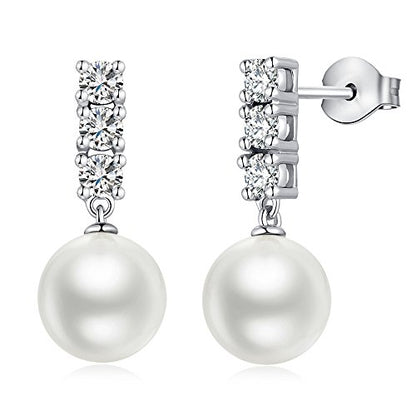 Han han Pearl Stud Earrings for Women 925 Sterling Silver, Pearl Jewelry Gift for Women 8MM-13MM - style: C- 3 Stones Pearl Studs-10mm