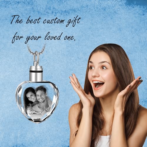 Farfume Personalized Photo Necklace for Women/Men, Memorial Jewelry Gifts | Holds 2 Pictures Pendant, Custom Engraved Text, Beautiful Locket for Girls, Durable Stainless Steel, Mothers Day Gifts - color: Crystal Heart Necklace