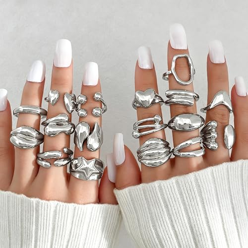 Chunky Rings for Women Non Tarnish 14k Stackable Dome Statement Rings Sets Vintage Dainty Knuckle Open Midi Finger Rings Jewelry Pack Gifts - style: Silvery 17 pieces