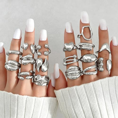 Chunky Rings for Women Non Tarnish 14k Stackable Dome Statement Rings Sets Vintage Dainty Knuckle Open Midi Finger Rings Jewelry Pack Gifts - style: Silvery 17 pieces
