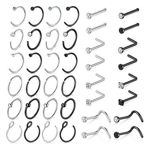 18 Nose Rings Studs Surgical Stainless Steel Hypoallergenic L Shaped Nose Piercing Jewelry for Women Men Silver Black Nostril Hoop Rings 18 Gauge - style: C1-silver & black