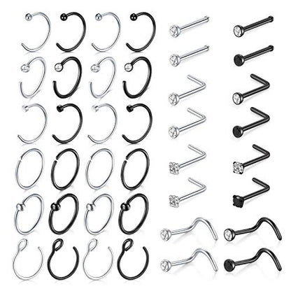 18 Nose Rings Studs Surgical Stainless Steel Hypoallergenic L Shaped Nose Piercing Jewelry for Women Men Silver Black Nostril Hoop Rings 18 Gauge - style: C1-silver & black