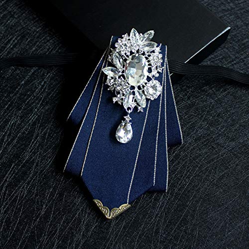 Crystal Bow tie Brooches Collar Pin Jewelry ribbon Fabric Bowknot Pre Tied Neck Tie For men Women wedding bridegroom - color: Navy Blue