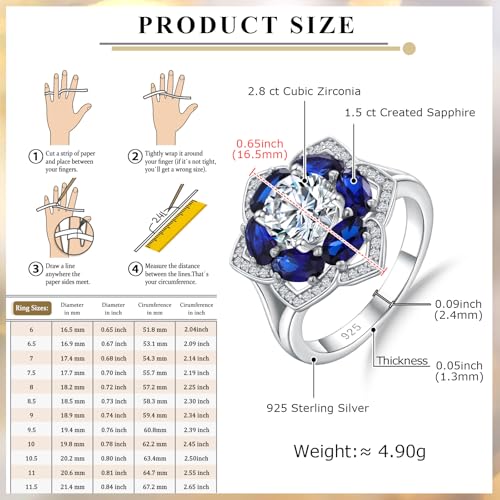 Flower Cocktail Ring for Women Stone Engagement Anniversary Rings | Sterling Silve|Hypoallergenic|Ruby|Sapphire|Emerald|Wedding and Birthday Party Women Statement Ring|Mother and Grandma Gift - color: Sapphire (Sep.)