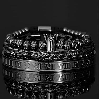 3pcs/set Classical Handmade Braiding Bracelet Hip Hop Men Pave CZ Leopard Head Roman Numeral Bracelet Stainless Steel Jewelry - color: 3pcs C Crwon Black