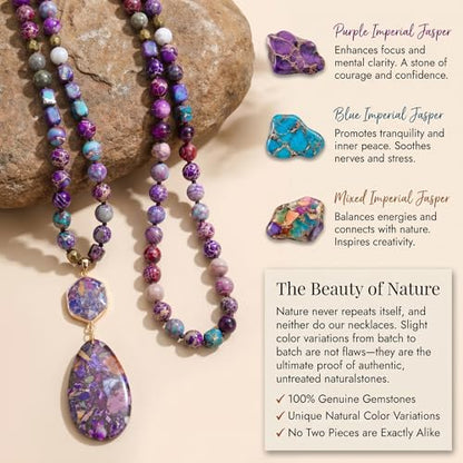 Gmai Boho Necklace for Women Long Beaded Pendant Necklace Natural Stone Teardrop pendant Jewelry Festival Vacation Gift Everyday Handmade Unique Statement Necklace - color: Purple
