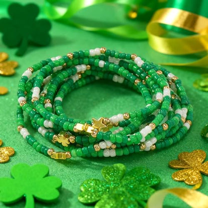 Gold Beaded Bracelets Stack for Women Stocking Stuffers 12PCS Boho Gold Plated Seed Beads Bracelet Stretch Star Stackable Accessories Jewelry Friendship Fall Christmas Gifts for Women - color: 10pcs- Green St.Patrick's Day Bracelet