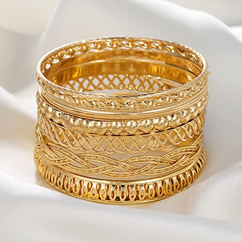 COLORFUL BLING 5-12Pcs Boho Indian Bangles for Women Twisted Chunky Stackable Cuff Bangle Statement Jewelry Handcuffs Wedding Layered Cable Smooth Bracelets Set - color: 7pcs gold