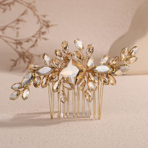 Square Rhinestone Hair Comb Silver Gold Rhinestone Wedding Headpiece Handmade Crystal Bridal Hair Comb Bridal Hairpiece for Brides Bridesmaid (champagne) - color: champagne