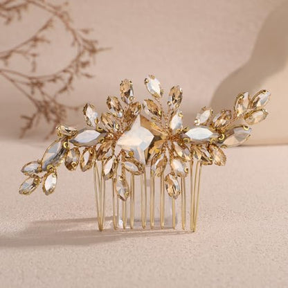 Square Rhinestone Hair Comb Silver Gold Rhinestone Wedding Headpiece Handmade Crystal Bridal Hair Comb Bridal Hairpiece for Brides Bridesmaid (champagne) - color: champagne