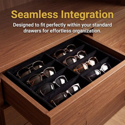 Stratalife 8 Grids Drawer Sunglasses Organizer Tray, Black Velvet | Stackable Eyeglasses Storage Case with Removable Dividers, Jewelry Display Case for Necklace Bracelet, 13.78x9.5x1.2inch - color: Black