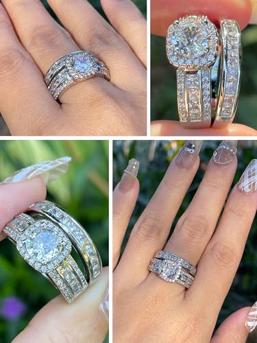CEJUG 3Ct Princess Wedding Rings for Women Engagement Ring Set Bands 18k White Gold Plated Halo Cz Size 6-10 - color: White Silver