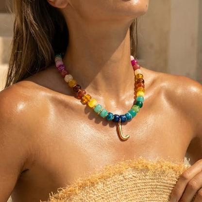 Chunky Beaded Bubble Initial Pendant Necklace Jewelry for Women | Big Large Bead Choker Letter Necklace Summer Beach Beachy Womens Statement Charm Gifts - color: Colorful L