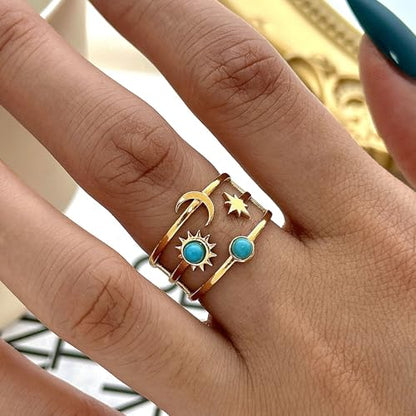 Todenb Turquoise Ring for Women，Gold Western Turquoise Open Ring Boho Stainless Steel Moon and Star Band Wrap Knuckle Rings Western Country Fashion Jewelry Accessories - color: two circle