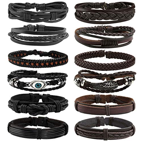 Leather Braided Bracelet Cuff Wrap Wristband for Men Women Adjustable - color: G:12pcs