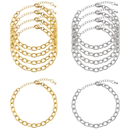 KYUNHOO 6.7 Inches Bracelet Chain for Jewelry Making Adjustable Extender | 10pcs Stainless Steel Jewelry Links on Bulk Silver and Gold Plated Embossed Oval Chains for Bracelets DIY - color: oval cable