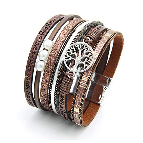 TGLS Women Tree of Life Leather Bracelets Multi-Layer Wraps Wristband Layered Wrap Bangle Cuff Bracelets for Friends Sisters Birthday Gifts - color: Brown
