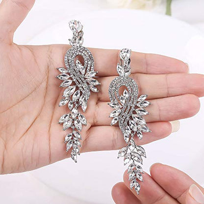 Marquise Crystal Bridal Chandelier Dangle Drop Earrings Ladies Gifts in Silver/Gold Tone - color: B-Clear Earrings Clip