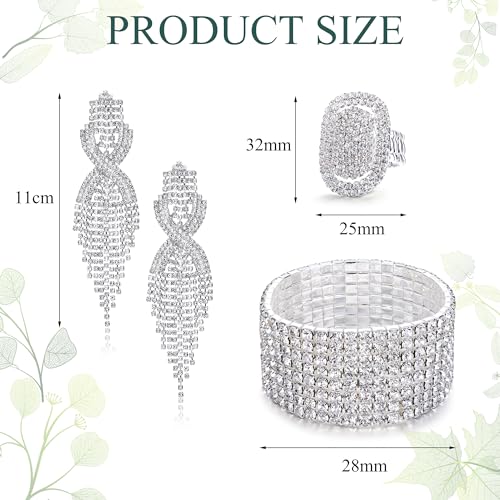 Rhinestone Bridal Jewelry Set for Women Earrings Bracelet Ring | Sparkling Rhinestone, Stretch Bracelet Ring, Dangle Tassel Earrings Set, Costume Jewelry, Rhinestone Jewelry Set for Women - style: Set 01